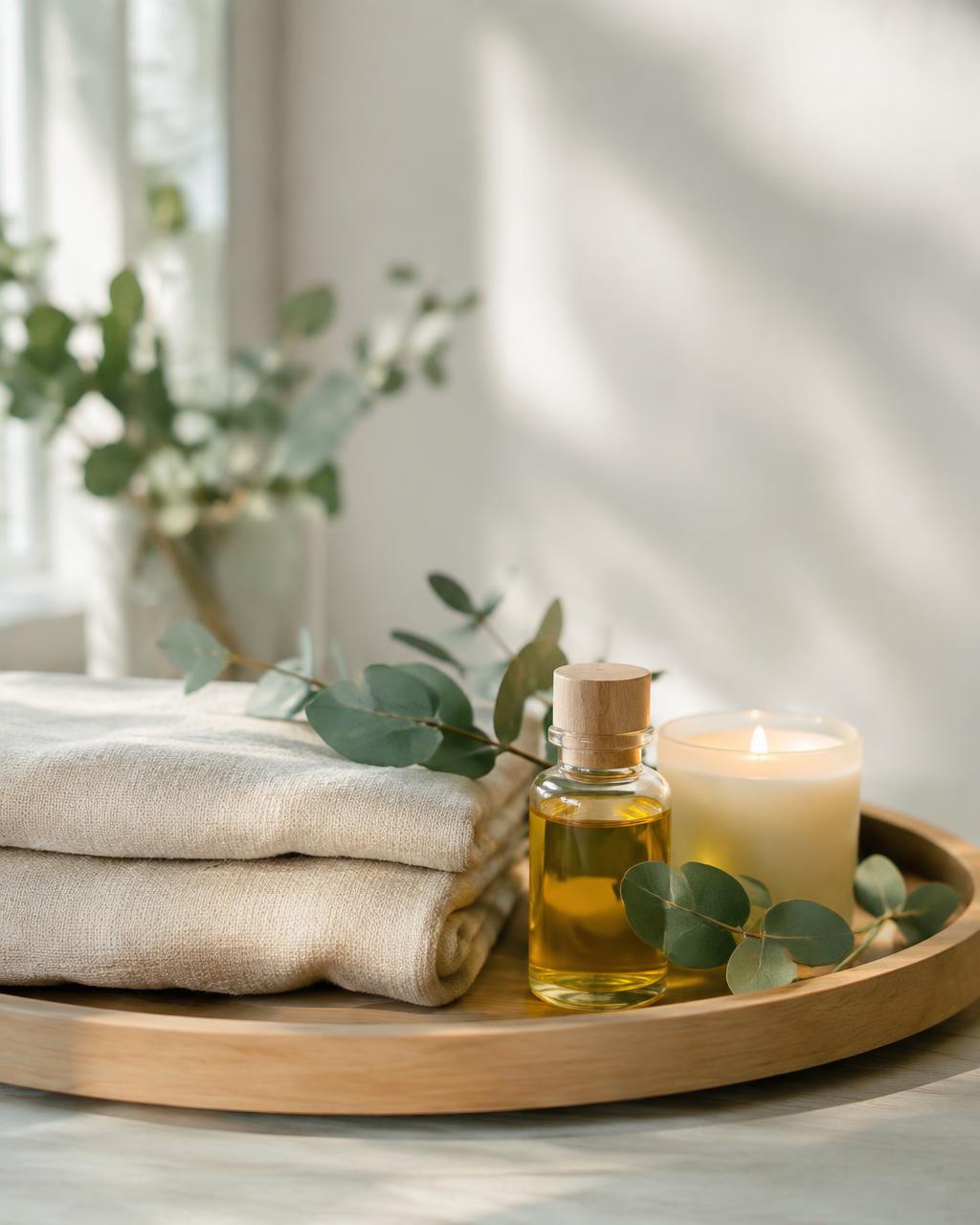 Folded linen towels, massage oil and a candle on a wooden tray